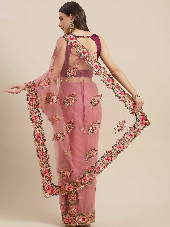 Net Floral Zari & Resham Embroidered Saree With Cutwork Border