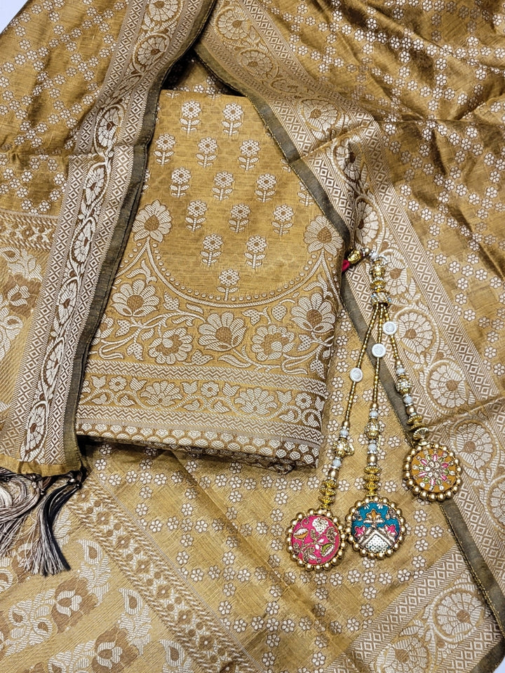 Chhabra 555 Banarasi Silk Dress Material with Scalloped Floral Motifs & Jaal pattern Jhallar Dupatta