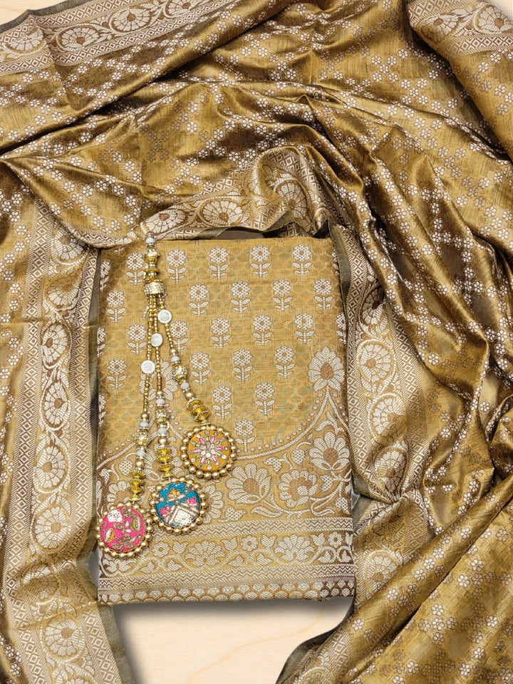 Banarasi Silk Dress Material with Scalloped Floral Motifs & Jaal pattern Jhallar Dupatta