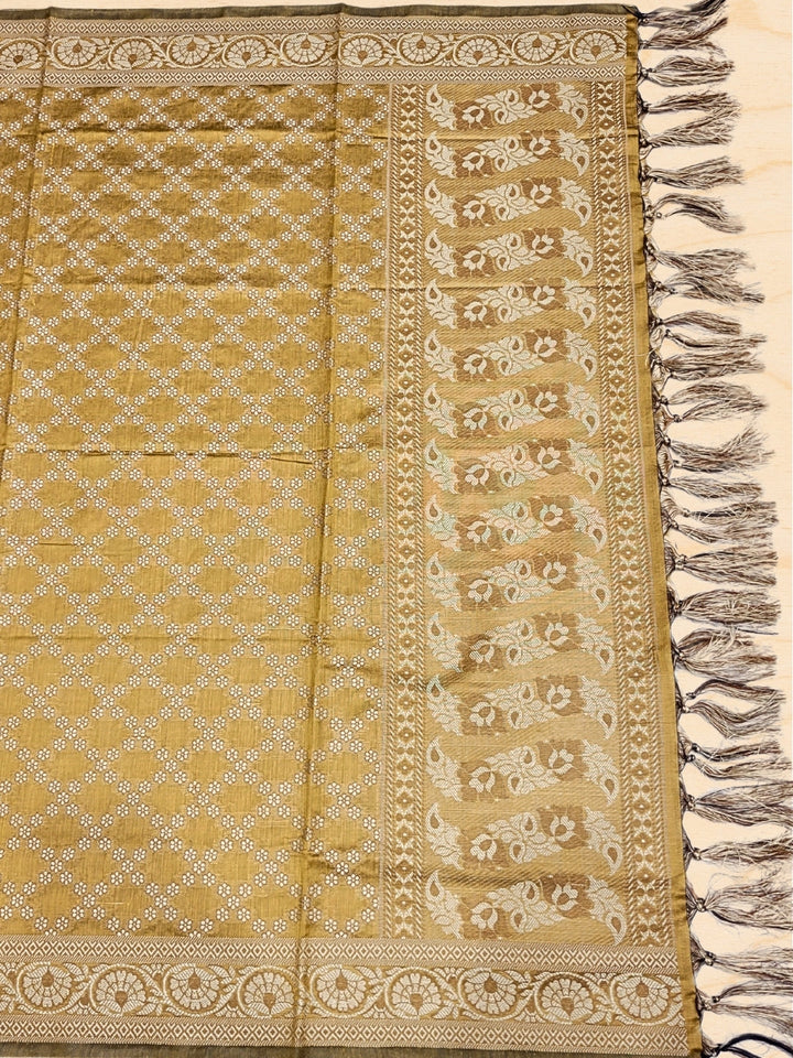 Banarasi Silk Dress Material with Scalloped Floral Motifs & Jaal pattern Jhallar Dupatta