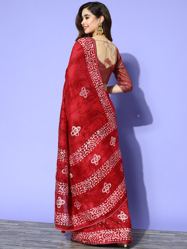 Red Batik Printed & Resham & Sequin Embellished Cotton Saree