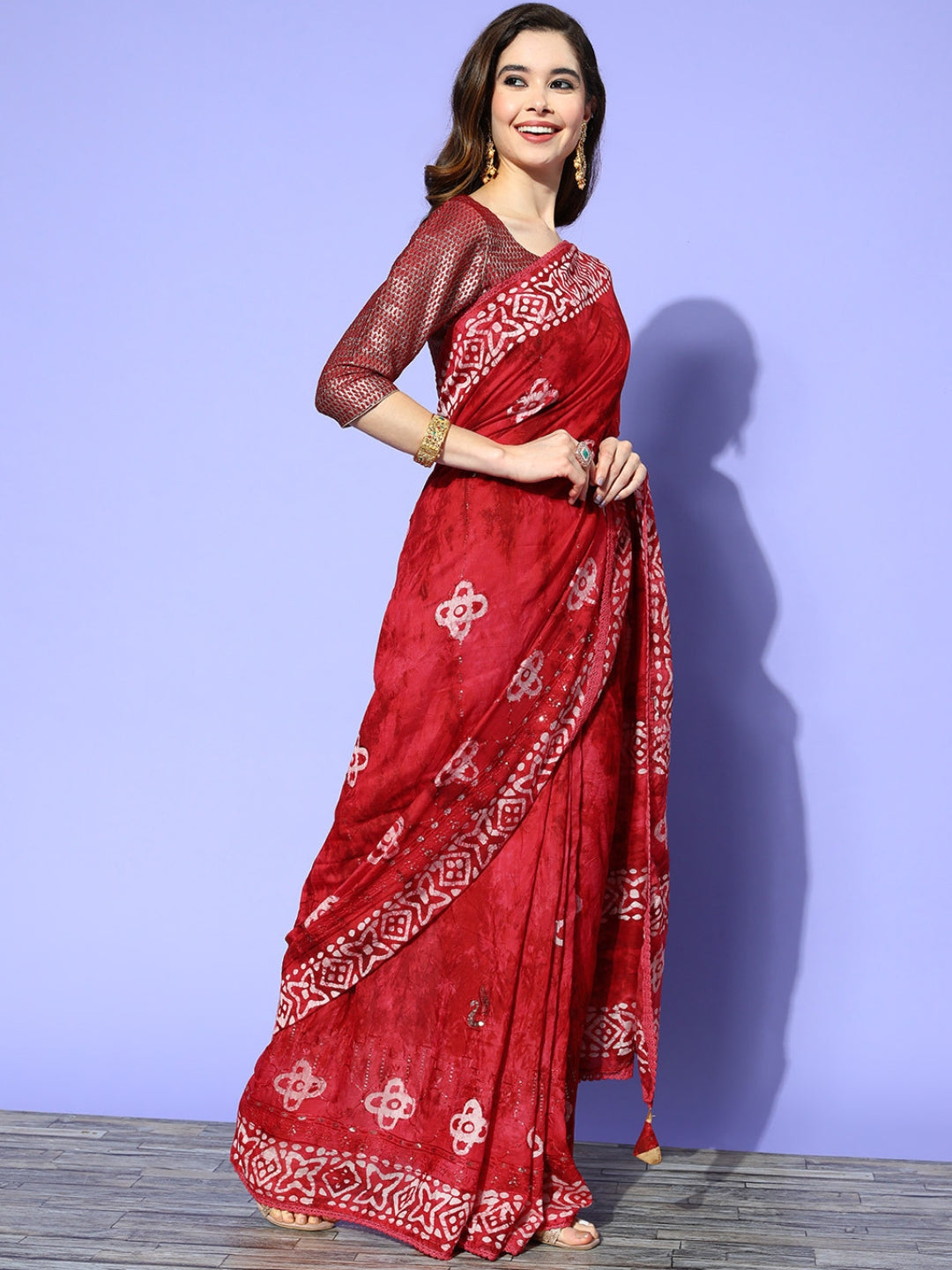 Red Batik Printed & Resham & Sequin Embellished Cotton Saree