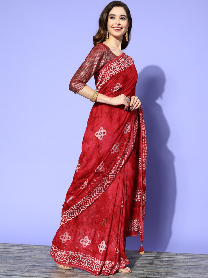 Red Batik Printed & Resham & Sequin Embellished Cotton Saree