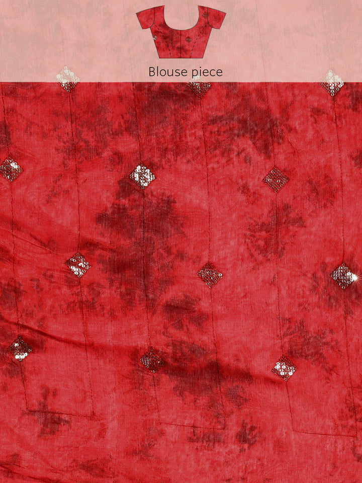 Red Batik Printed & Resham & Sequin Embellished Cotton Saree