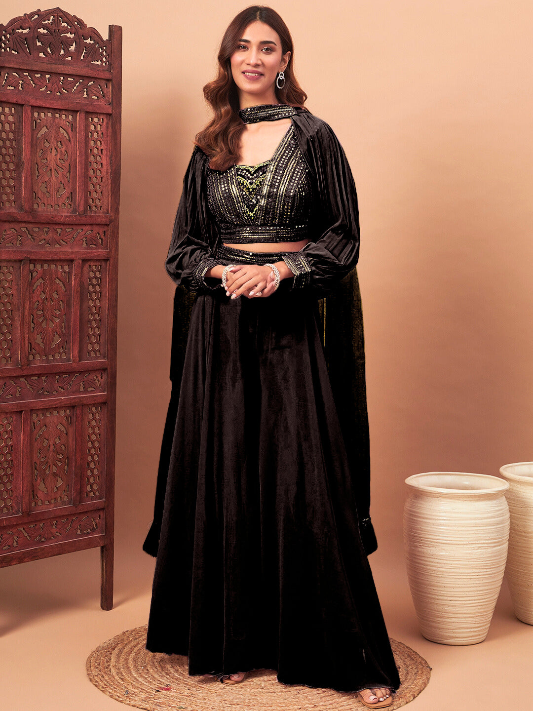 Sequin Embellished Crop-Top Palazzo Set with High neck Jasmine style Cape Sleeves