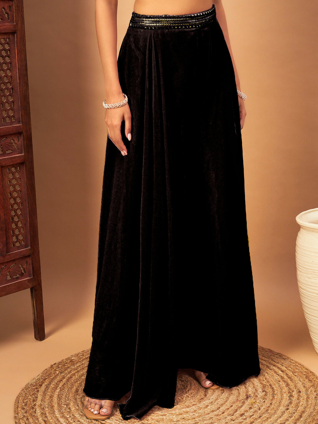 Sequin Embellished Crop-Top Palazzo Set with High neck Jasmine style Cape Sleeves