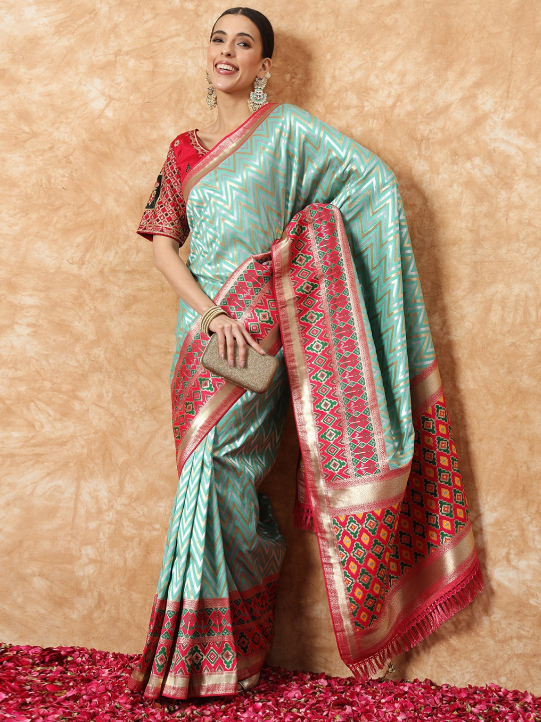 Chhabra 555 Banarasi Handloom Silk Saree with Chevron Weaving & Contrast Magenta ikat Border
