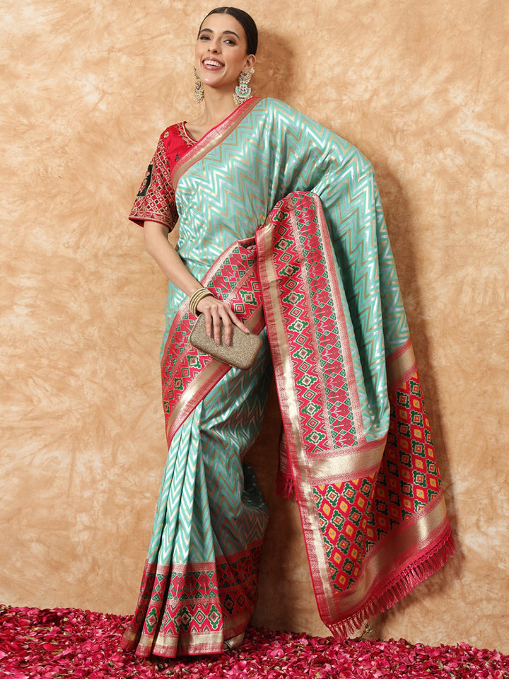 Chhabra 555 Banarasi Handloom Silk Saree with Chevron Weaving & Contrast Magenta ikat Border