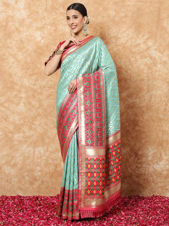 Banarasi Handloom Silk Saree with Contrast Magenta ikat Border