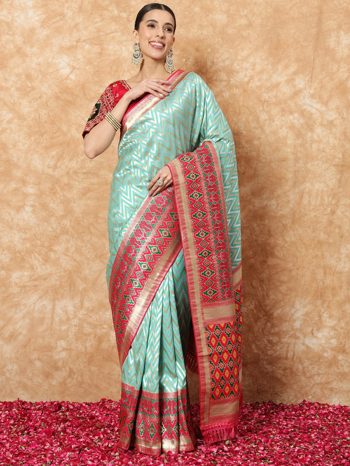 Banarasi Handloom Silk Saree with Contrast Magenta ikat Border