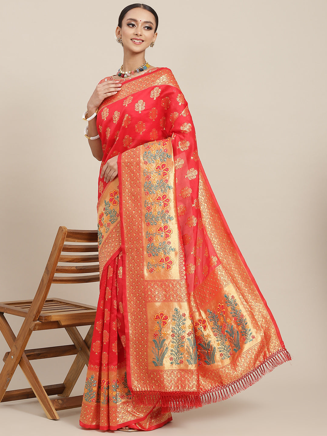 Red Floral Resham & Stone Embellished Traditional Banarasi Saree