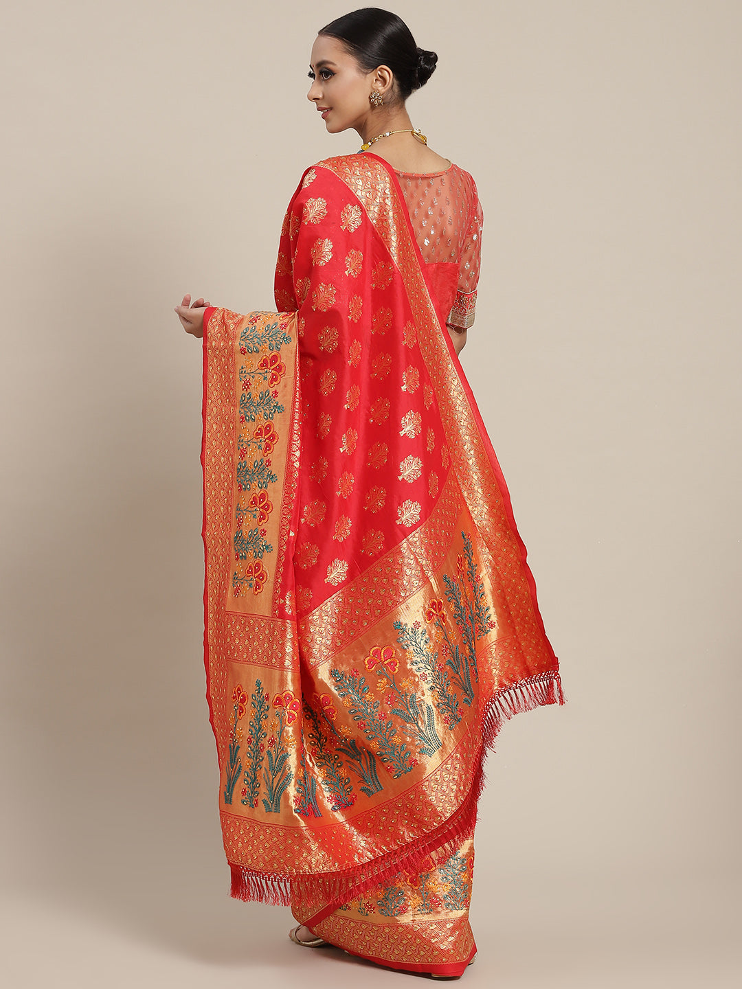 Red Floral Resham & Stone Embellished Traditional Banarasi Saree