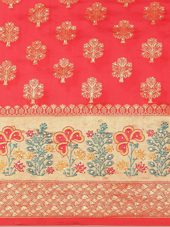 Red Floral Resham & Stone Embellished Traditional Banarasi Saree