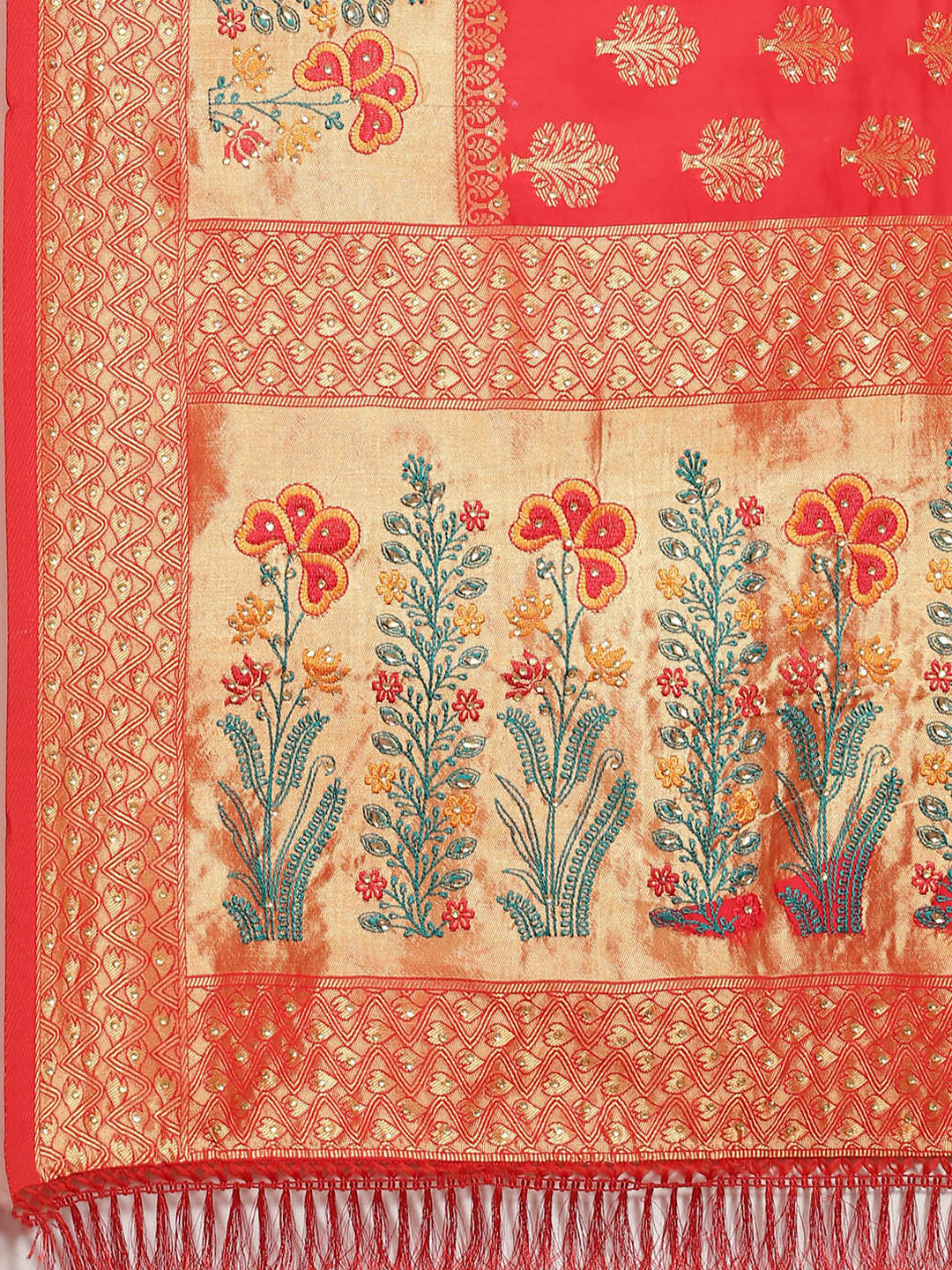 Red Floral Resham & Stone Embellished Traditional Banarasi Saree