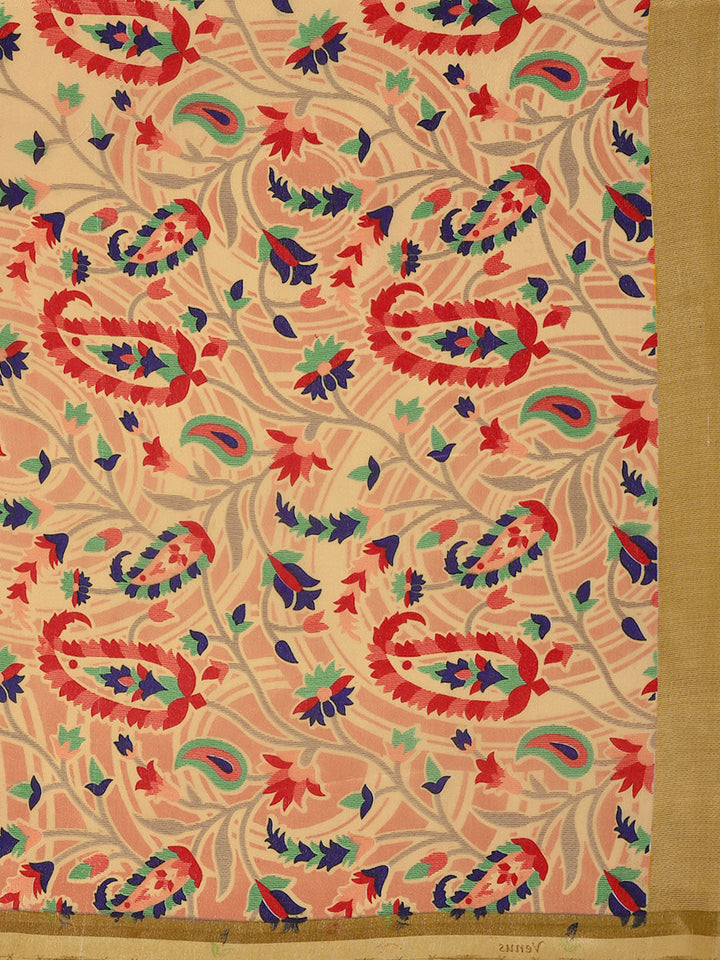 French Crepe SIlk printed Saree with Ethnic Paisley multicolor Digital design