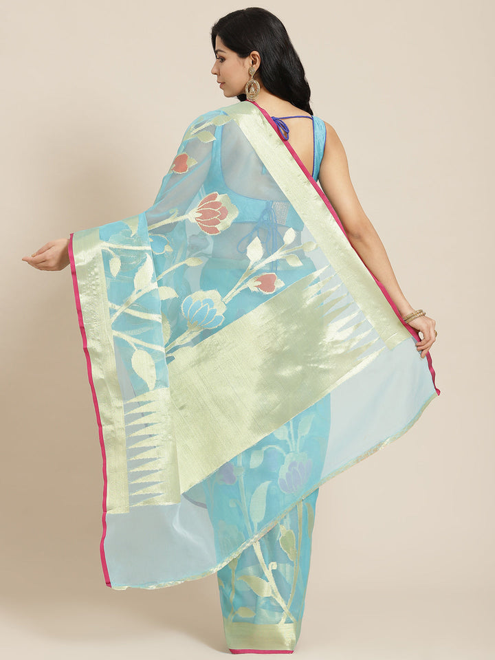 Blue Zari Embellished Organza Tissue Traditional Saree