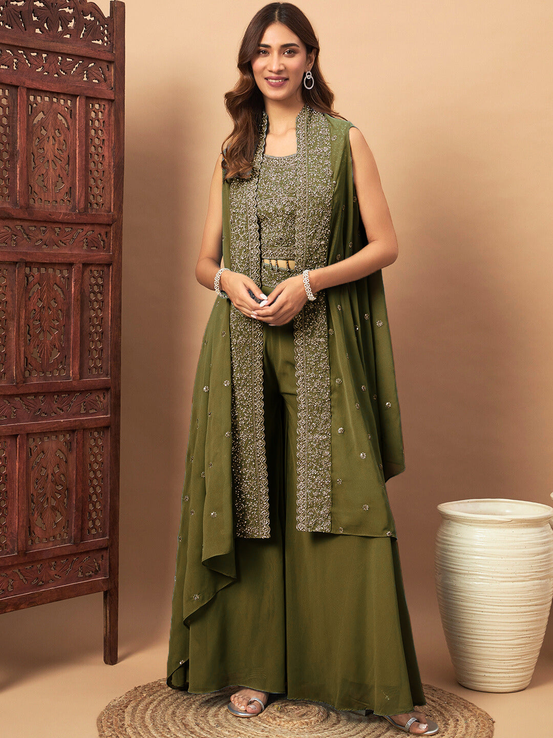 Chhabra 555 Zircon Embellished Festive Georgette Crop-Top Palazzo Set with Aari Embroidered Jacket
