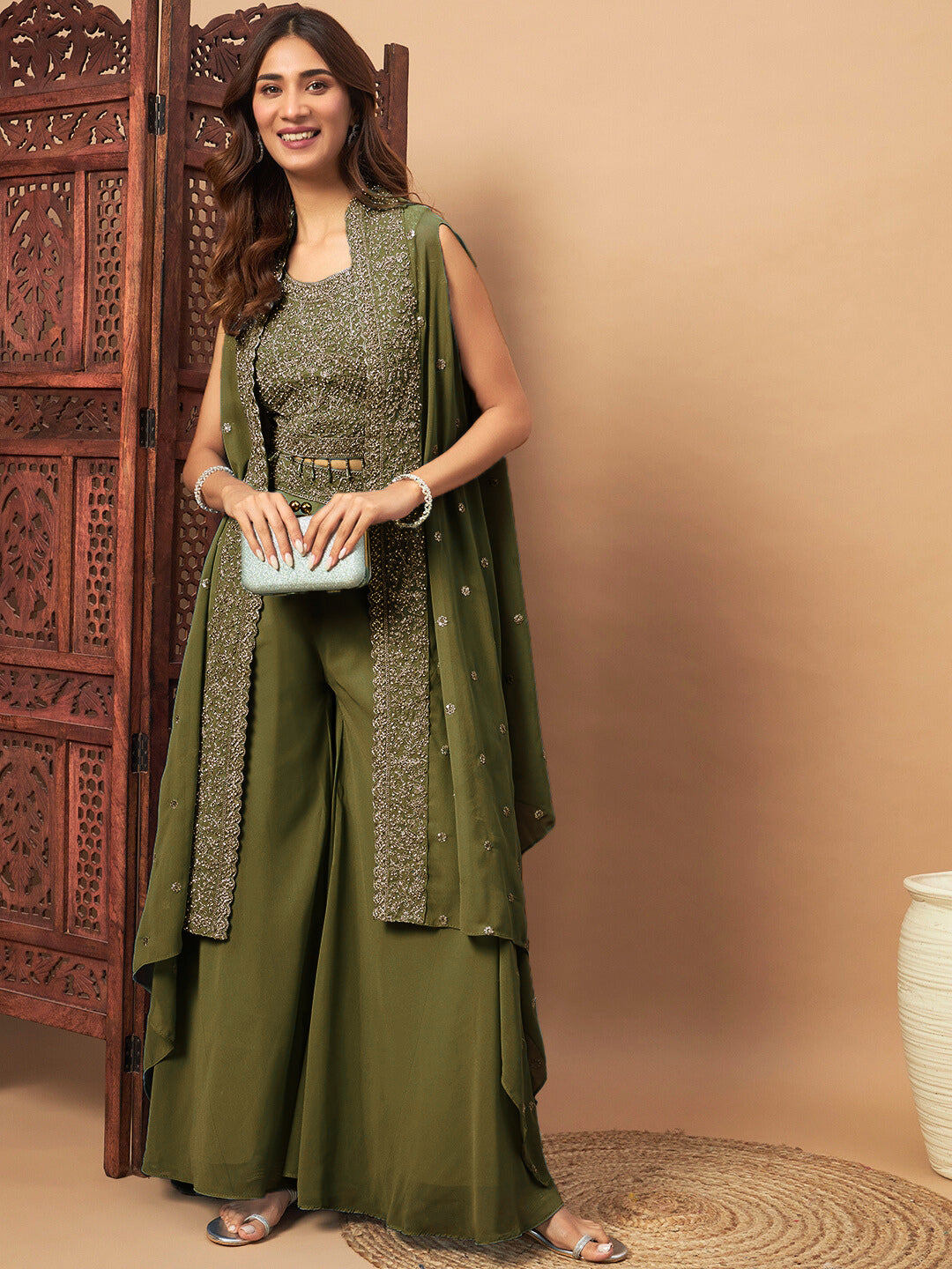 Zircon Embellished Festive Georgette Crop-Top Palazzo Set