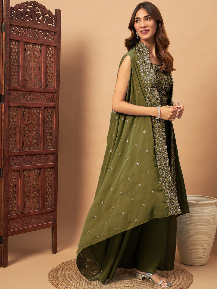 Zircon Embellished Festive Georgette Crop-Top Palazzo Set