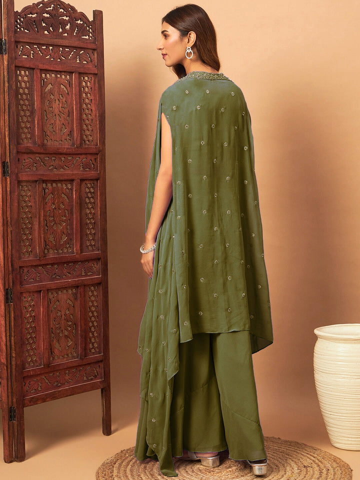 Zircon Embellished Festive Georgette Crop-Top Palazzo Set