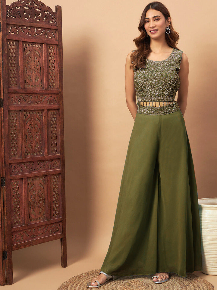 Zircon Embellished Festive Georgette Crop-Top Palazzo Set