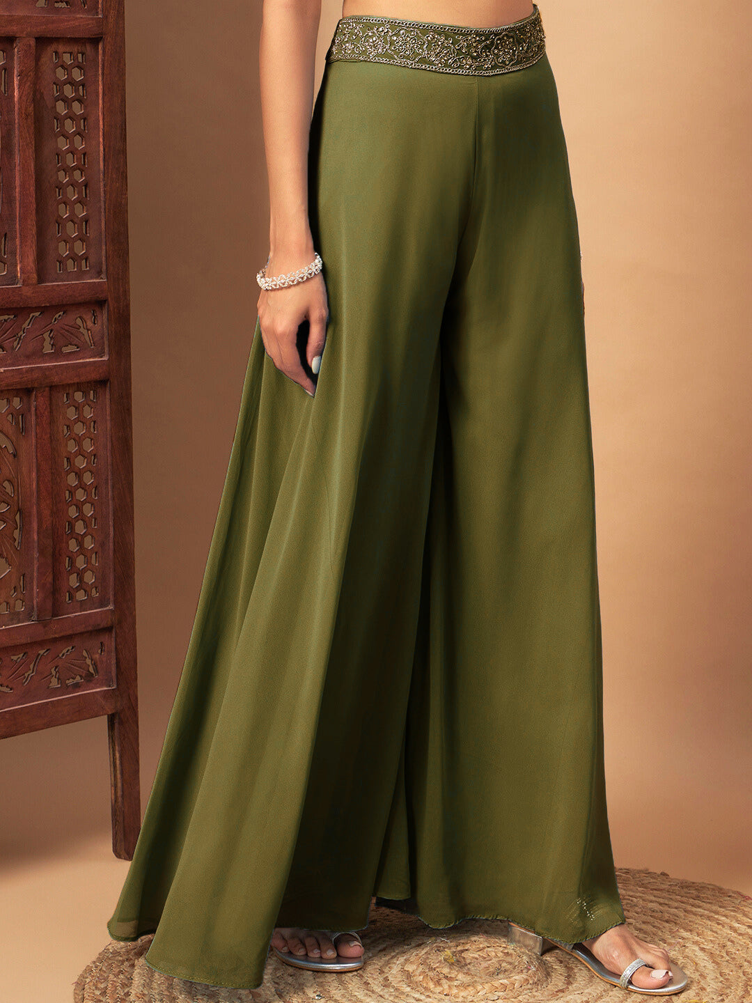 Zircon Embellished Festive Georgette Crop-Top Palazzo Set