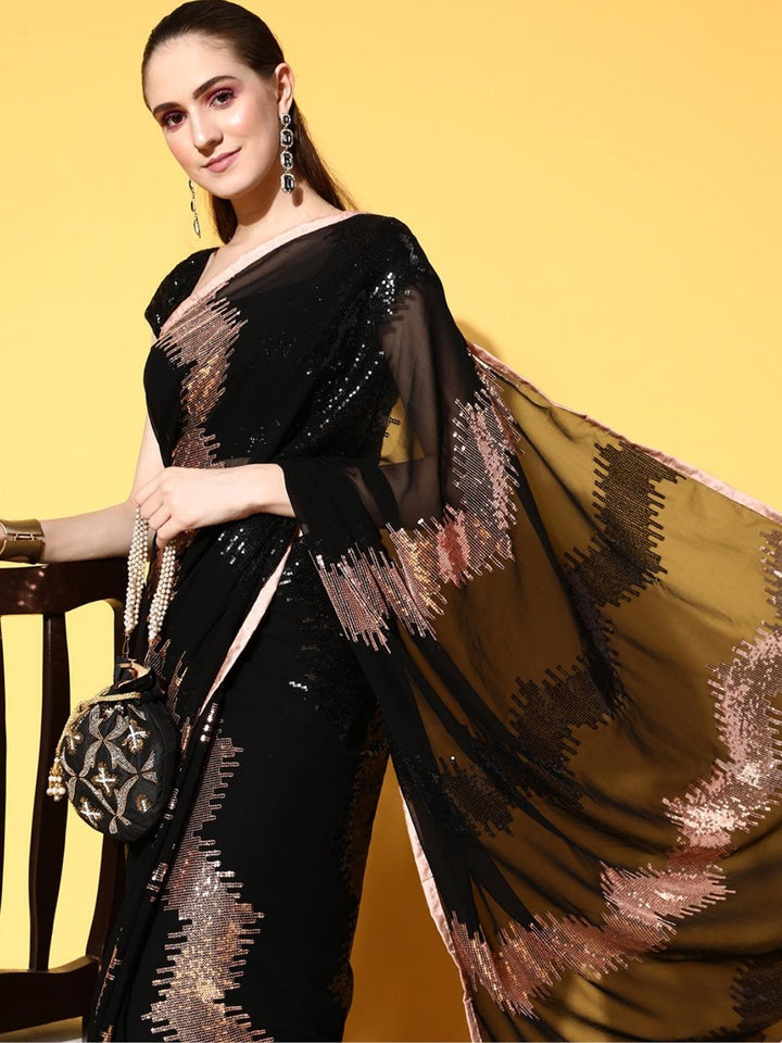 Black Contrast Party Wear Georgette Metallic Bling Cocktail Saree