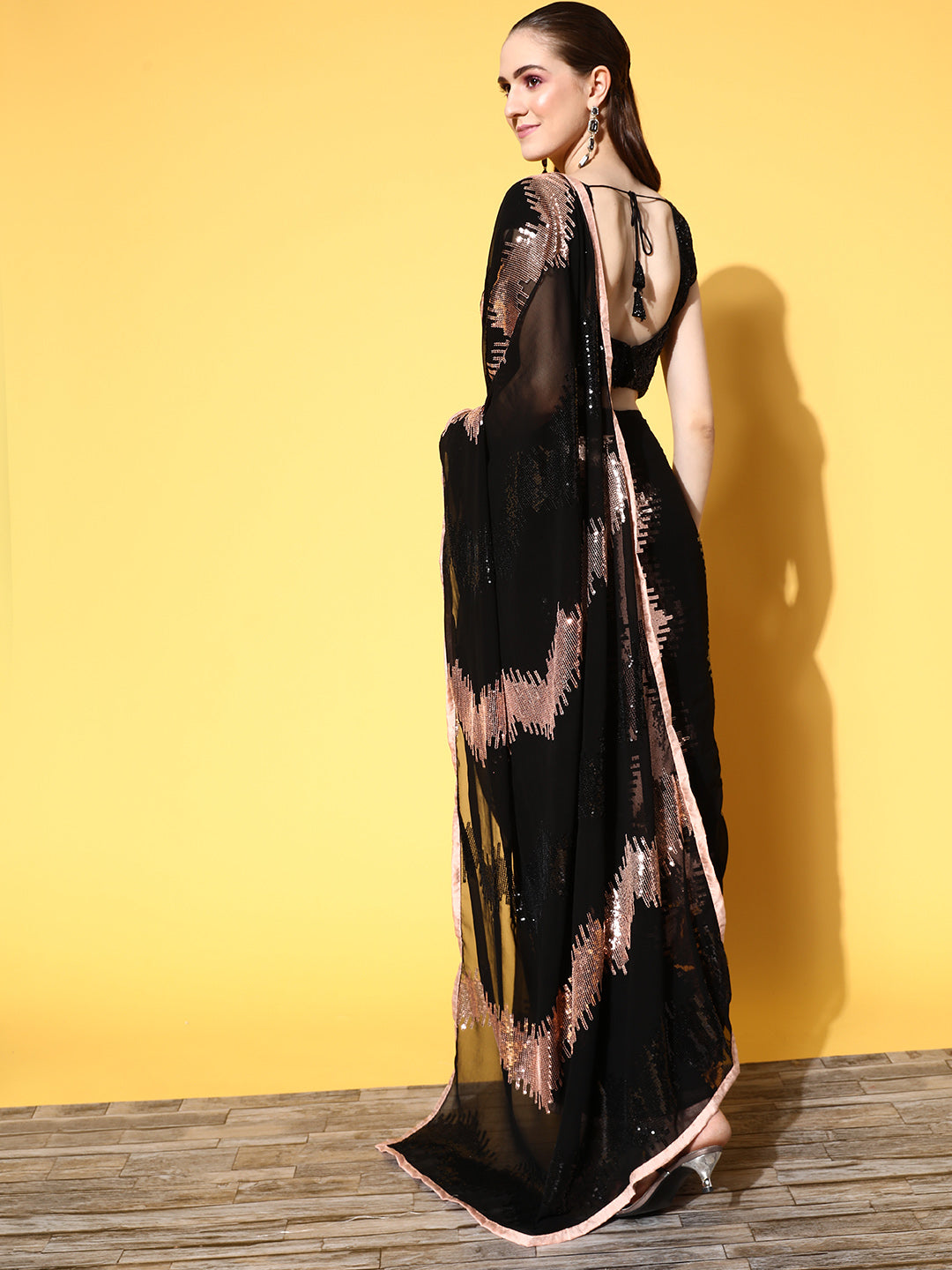 Black Contrast Party Wear Georgette Metallic Bling Cocktail Saree