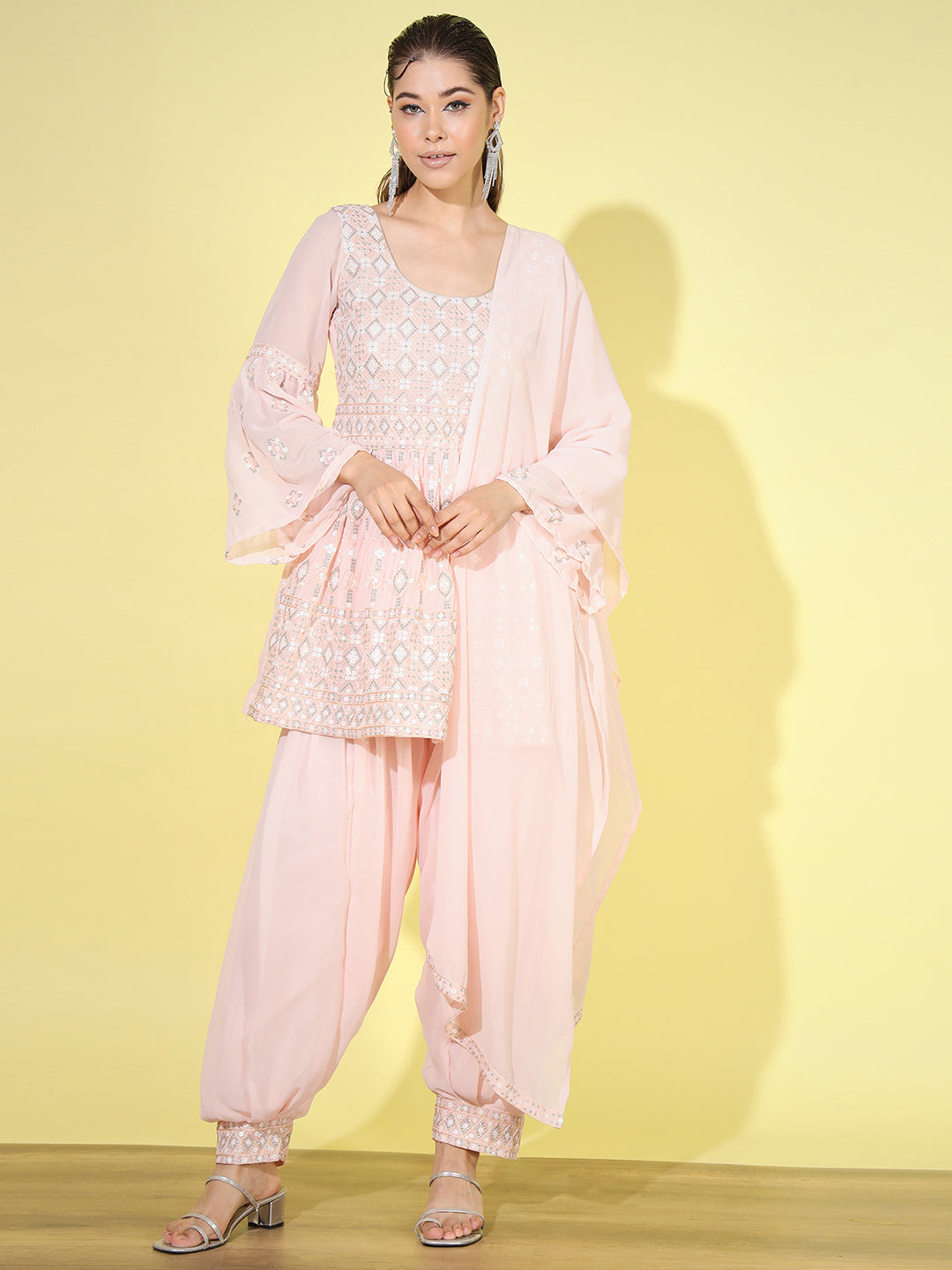 Peplum Resham Zari Embroidered Kurta Set with Afghan Salwar