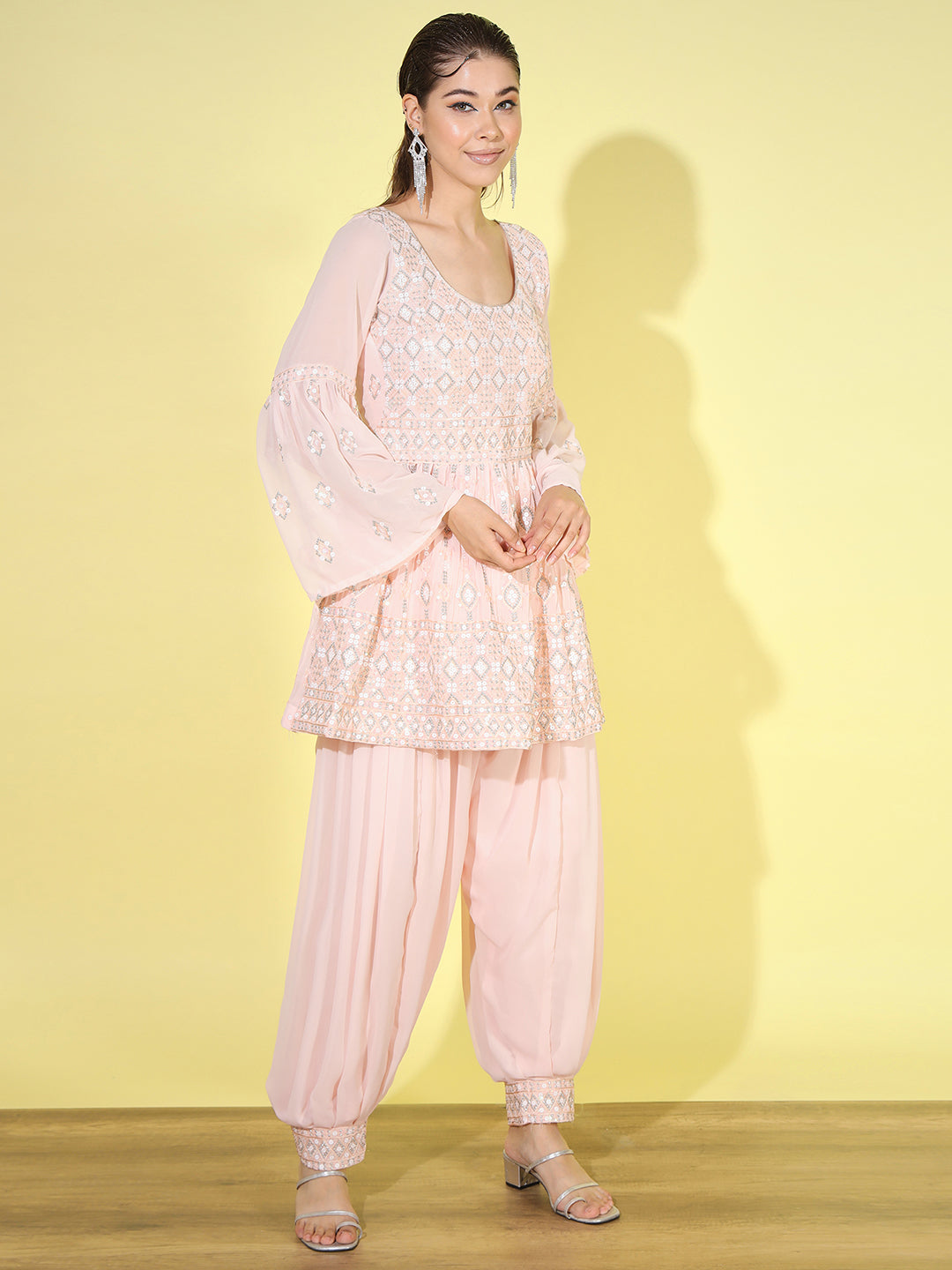 Peplum Resham Zari Embroidered Kurta Set with Afghan Salwar