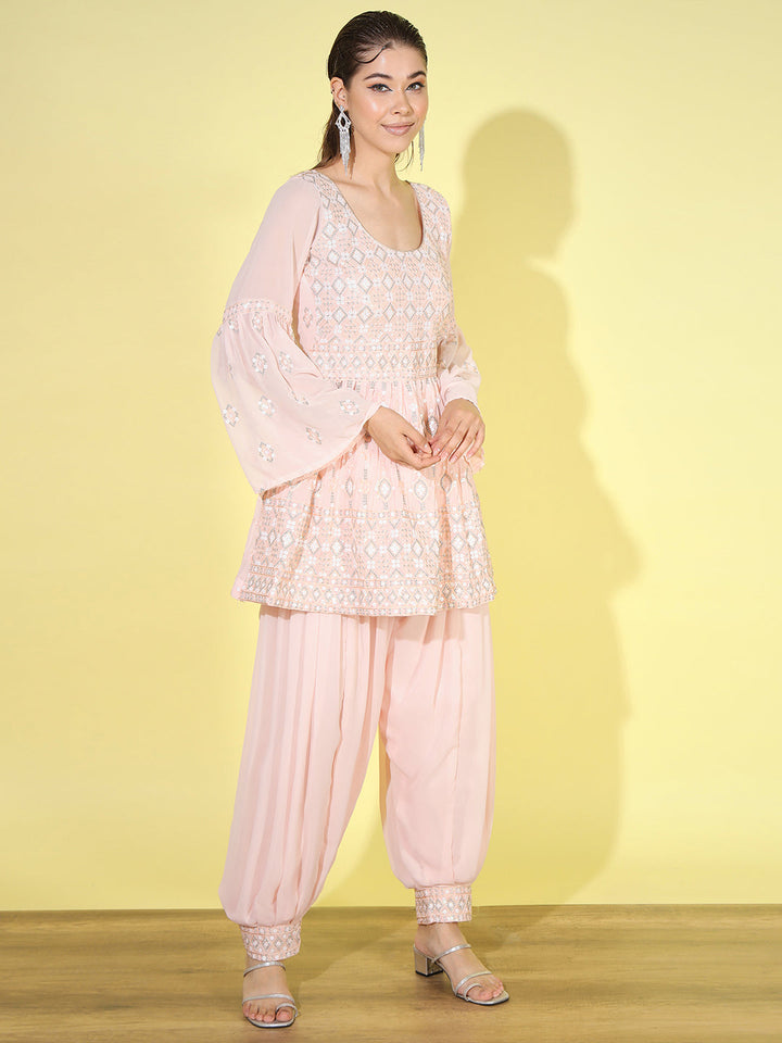 Peplum Resham Zari Embroidered Kurta Set with Afghan Salwar