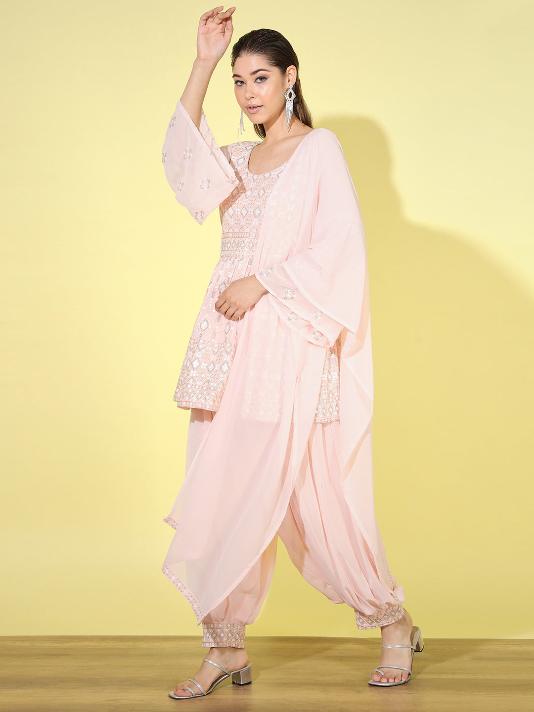 Peplum Resham Zari Embroidered Kurta Set with Afghan Salwar