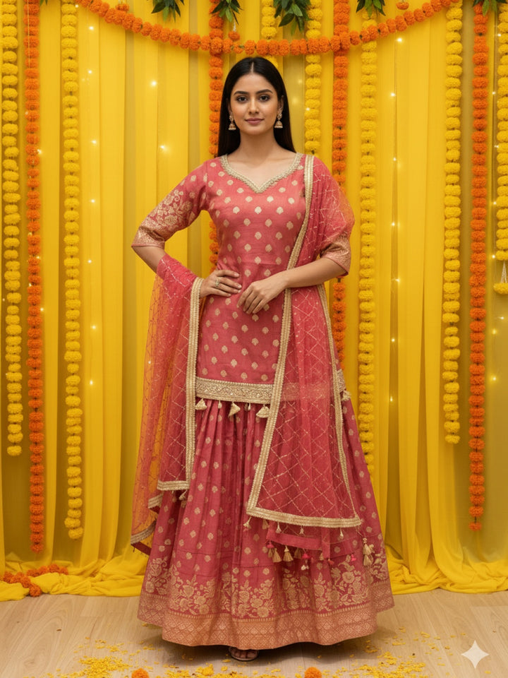 Banarasi Brocade Kurta Set with Zari Woven Skirt, Sequinned Dupatta & Tasseled Hemline