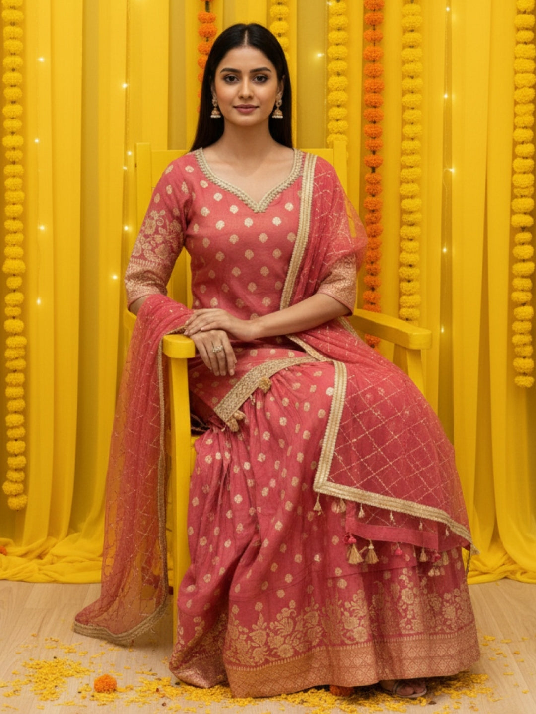 Banarasi Brocade Kurta Set with Zari Woven Skirt, Sequinned Dupatta & Tasseled Hemline