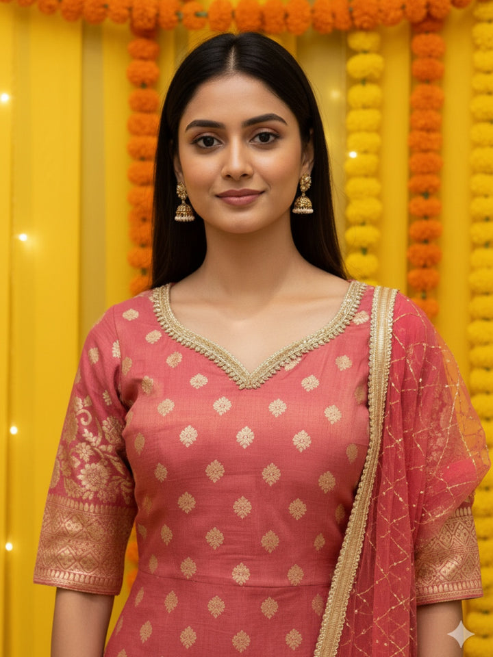 Banarasi Brocade Kurta Set with Zari Woven Skirt, Sequinned Dupatta & Tasseled Hemline