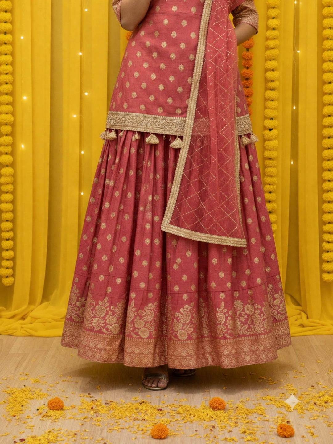 Banarasi Brocade Kurta Set with Zari Woven Skirt, Sequinned Dupatta & Tasseled Hemline