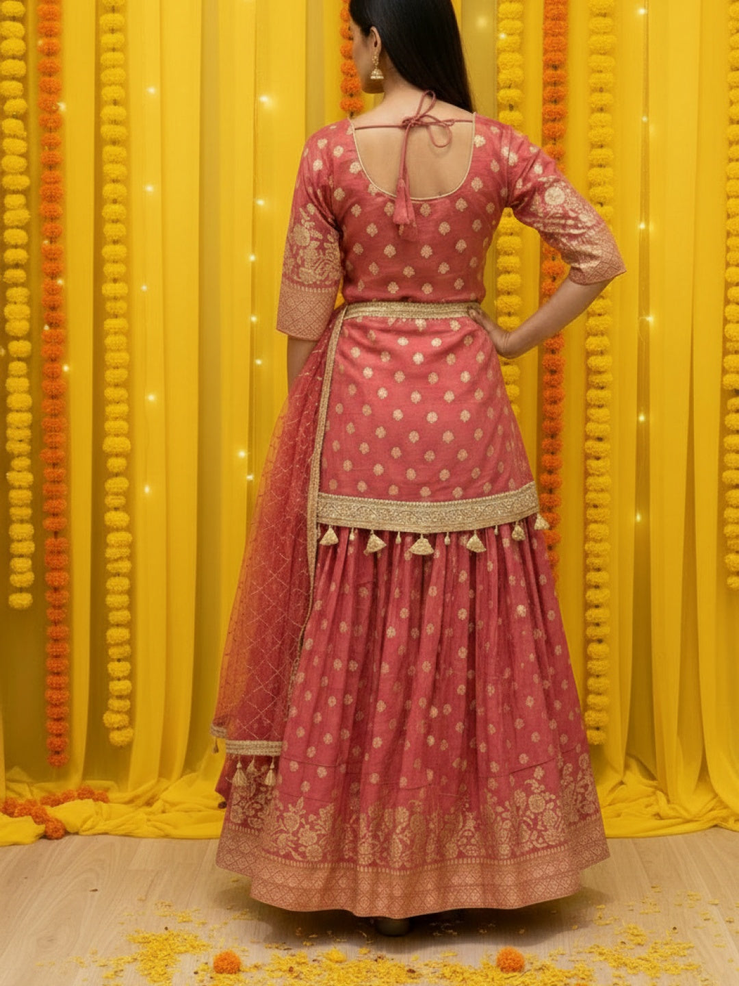 Banarasi Brocade Kurta Set with Zari Woven Skirt, Sequinned Dupatta & Tasseled Hemline