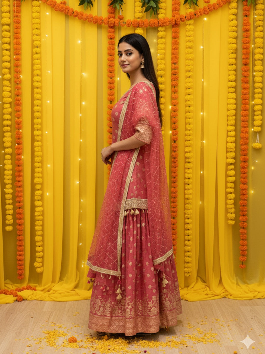 Banarasi Brocade Kurta Set with Zari Woven Skirt, Sequinned Dupatta & Tasseled Hemline