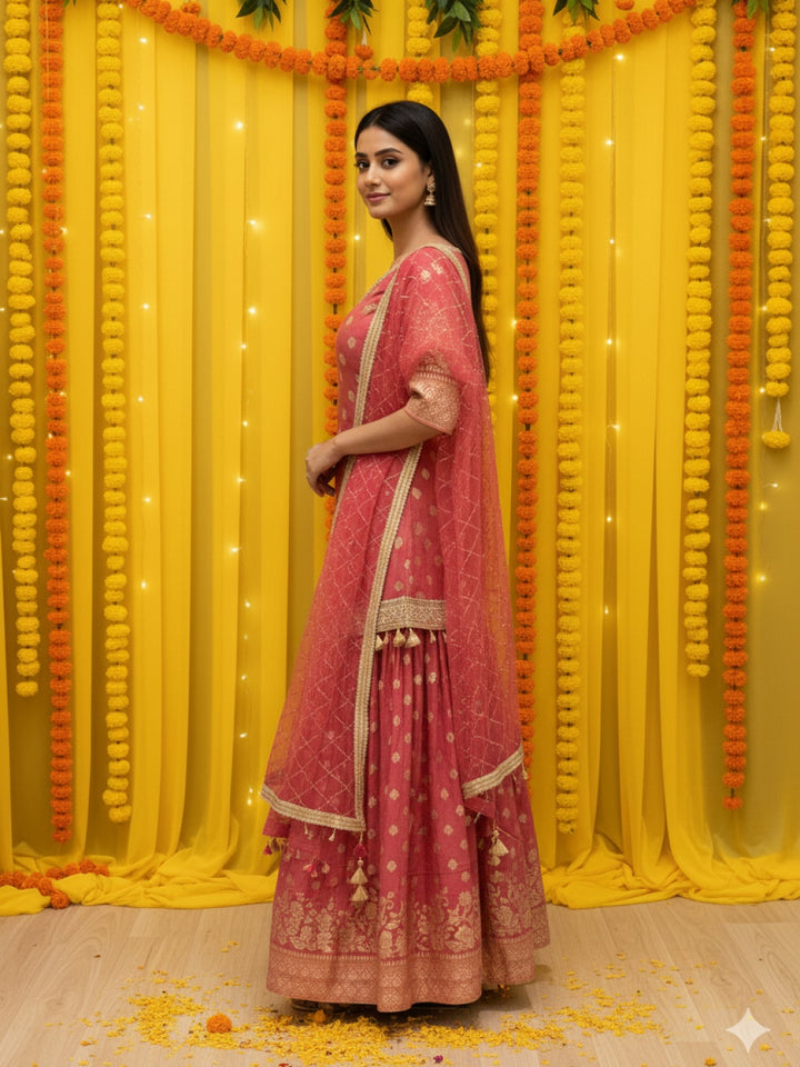 Banarasi Brocade Kurta Set with Zari Woven Skirt, Sequinned Dupatta & Tasseled Hemline