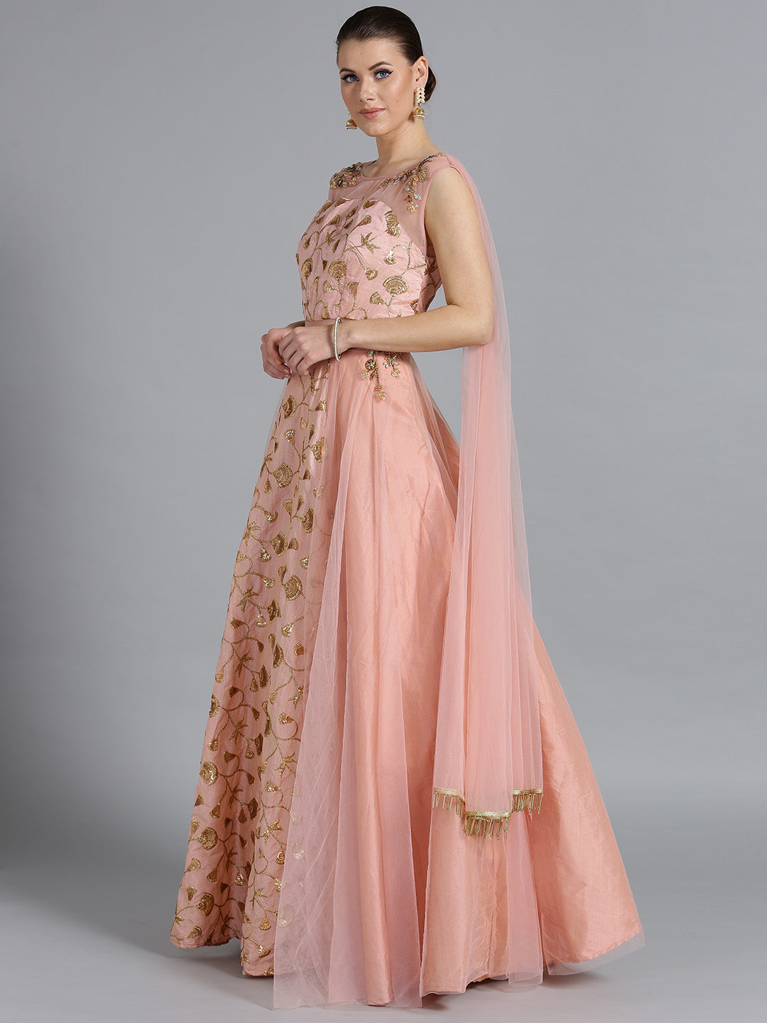 Zari and Kundan Embellished Gown with Attached Dupatta