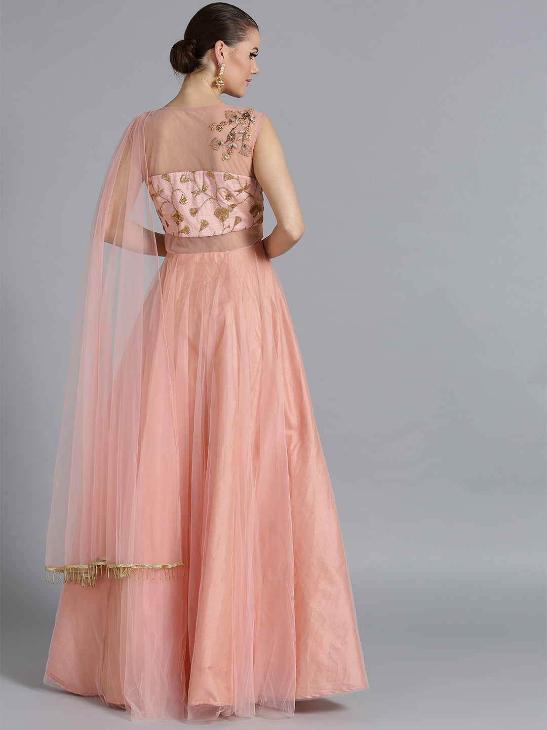 Zari and Kundan Embellished Gown with Attached Dupatta