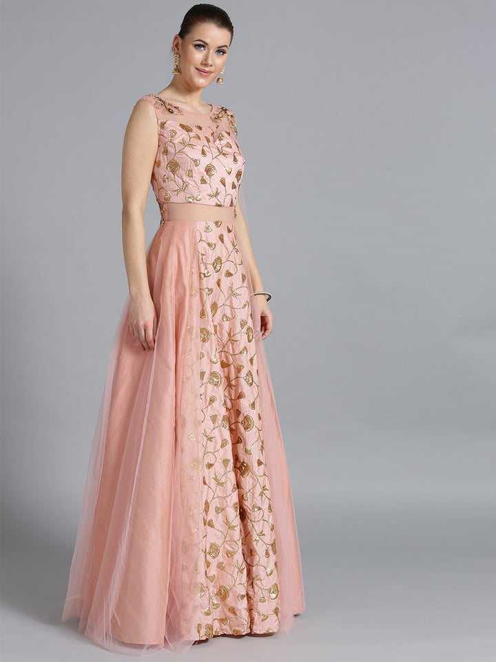 Zari and Kundan Embellished Gown with Attached Dupatta