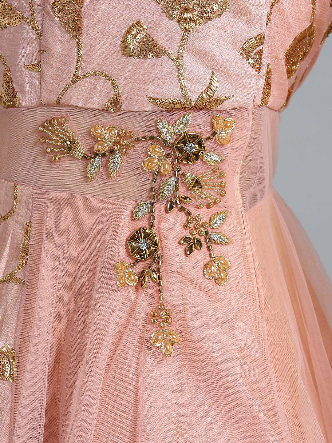 Zari and Kundan Embellished Gown with Attached Dupatta