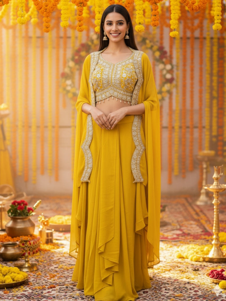 Haldi Yellow Embroidered Mirror Work Tasseled Blouse With Draped Skirt & Scalloped Cape