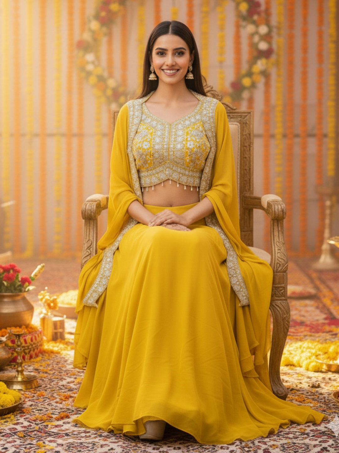 Haldi Yellow Embroidered Mirror Work Tasseled Blouse With Draped Skirt & Scalloped Cape