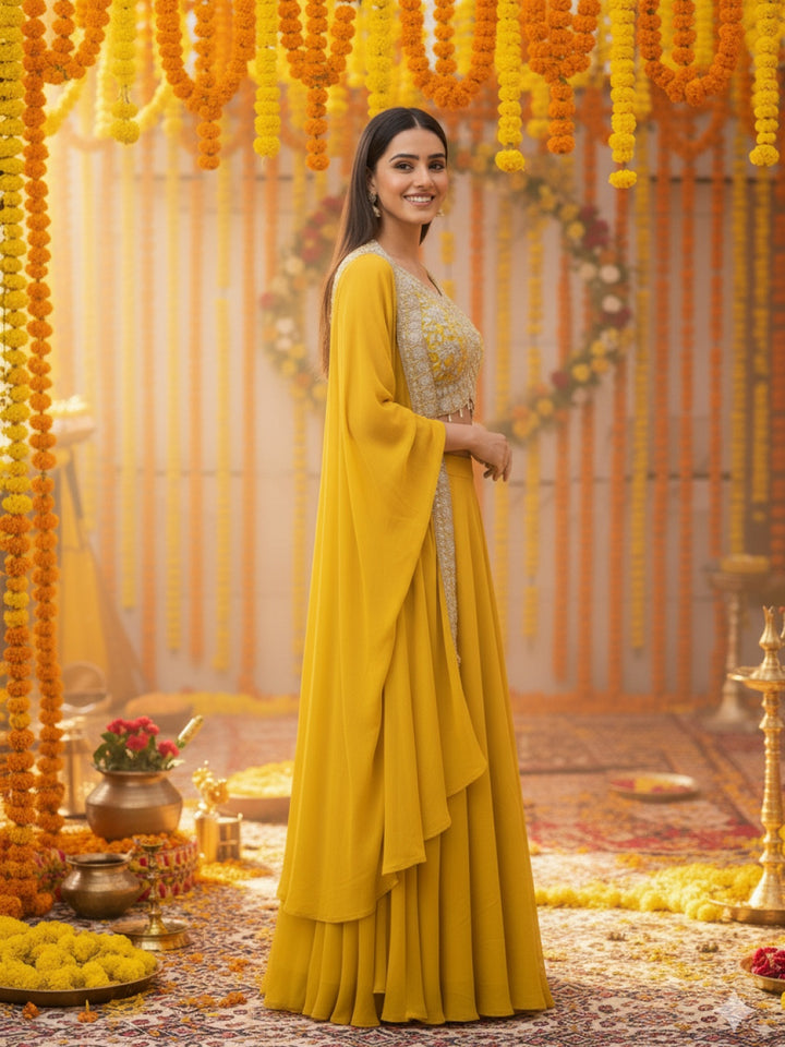 Haldi Yellow Embroidered Mirror Work Tasseled Blouse With Draped Skirt & Scalloped Cape