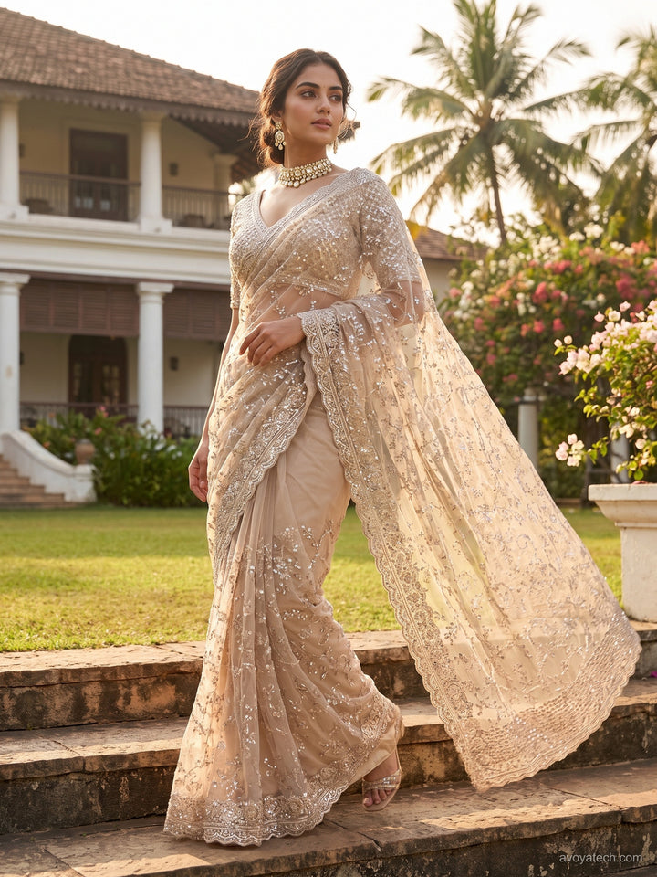 Beige Sequin Embroidered Net Saree with Heavy Stitched Blouse