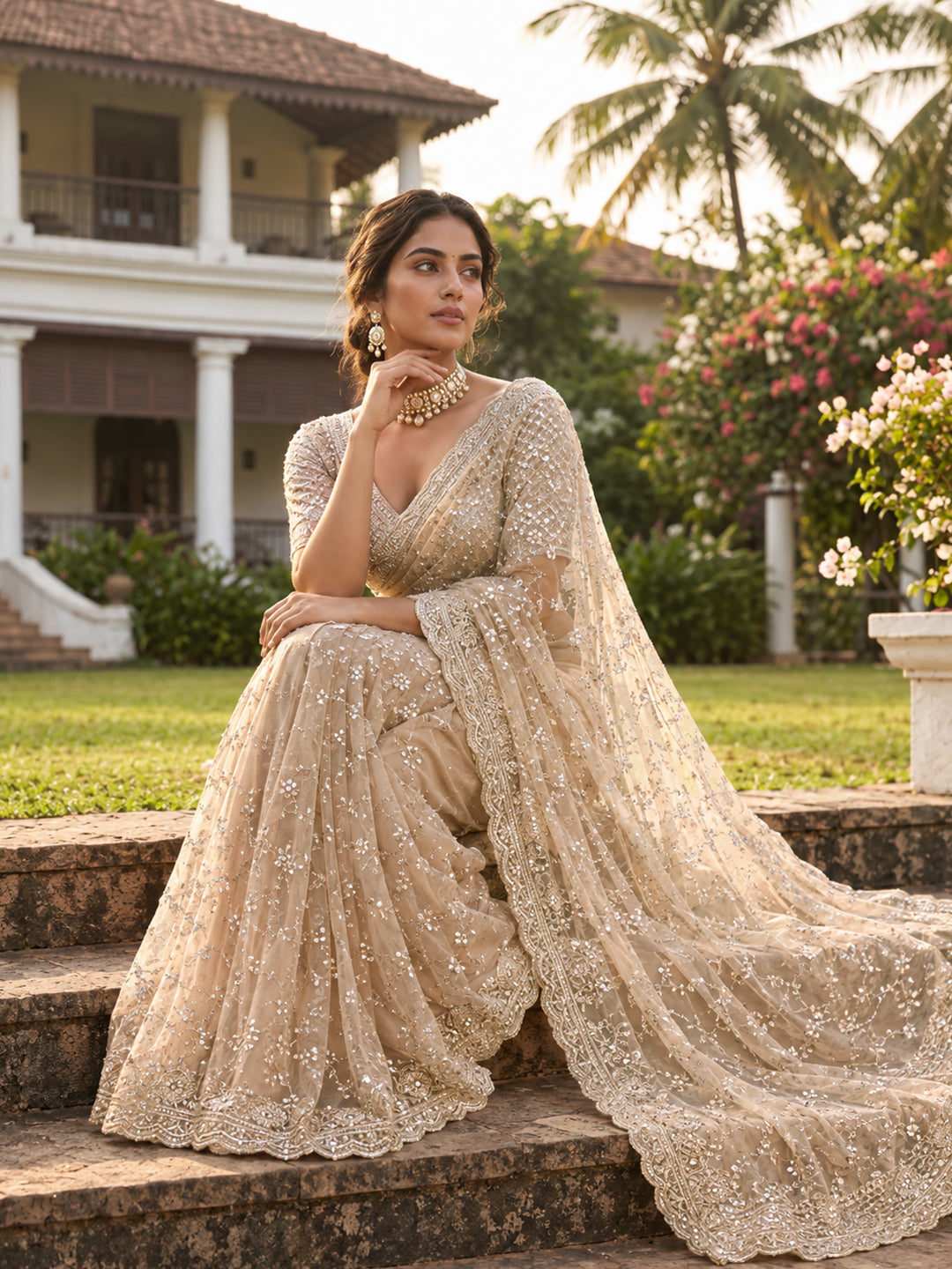 Beige Sequin Embroidered Net Saree with Heavy Stitched Blouse