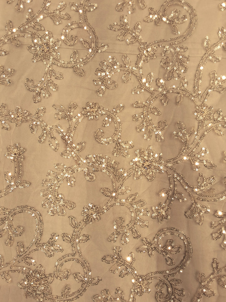 Beige Sequin Embroidered Net Saree with Heavy Stitched Blouse
