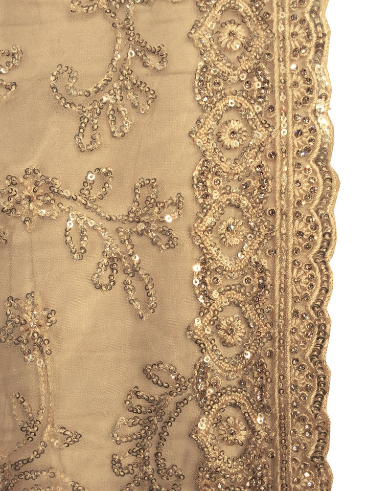 Beige Sequin Embroidered Net Saree with Heavy Stitched Blouse